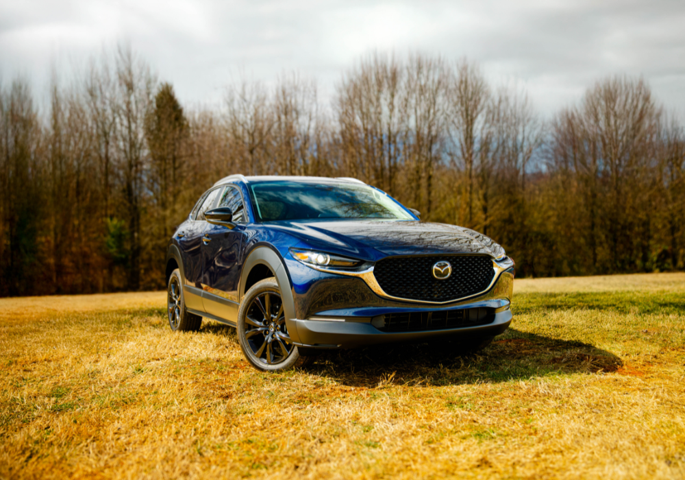2025 Mazda CX-90 SUV parked in a grassy field with trees in the background
