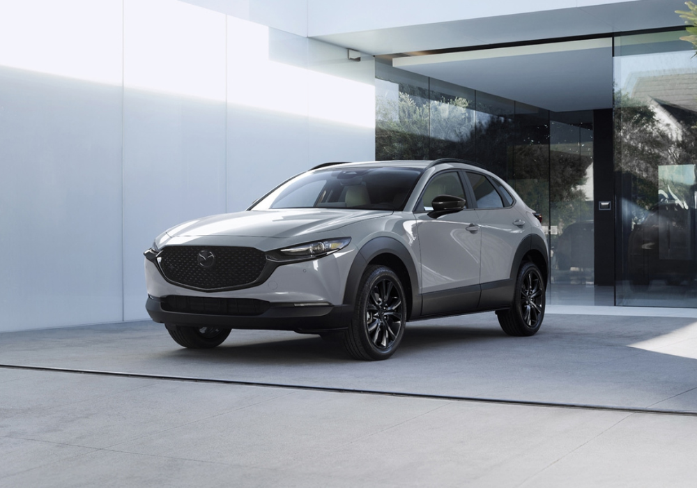 Mazda CX-30 parked. The SUV is silver.